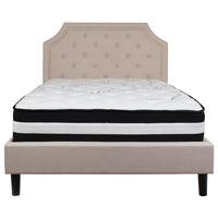 Flash Furniture Brighton Full Size Tufted Upholstered Platform Bed in Beige Fabric with Pocket Spring Mattress-Full Platform Bed and Mattress Set