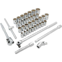 Dynamic Tools 1/2" Drive 41 Piece 12 Point Standard, SAE/Metric Socket Set, 3/8" - 1-5/16", 10mm - 28mm-Contains: 16 Standard SAE Sockets: 3/8", 7/16", 1/2", 9/16", 5/8", 11/16", 3/4", 13/16", 7/8", 15/16", 1", 1-1/16", 1-1/8", 1-3/16", 1-1/4", 1-5/16", 19 Standard Metric Sockets: 10, 11, 12, 13, 14, 15, 16, 17, 18, 19, 20, 21, 22, 23, 24, 25, 26, 27, 28mm, 5" & 10" Extensions, 45 Tooth Ratchet, Universal Joint, Flex Handle, T-handle