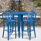 30'' Round Blue Metal Indoor-Outdoor Bar Table Set with 4 Vertical Slat Back Barstools [CH-51090BH-4-30VRT-BL-GG]-30"W x 30"D x 41"H