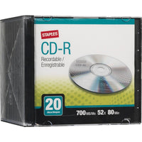 Staples CD-R 52x 700MB/80min, Slim Jewel Cases, 20 Pack-Use CD-R media for storing presentations, streaming videos, multimedia, CAD packages, music, and much more