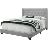 Monarch Specialties 5984Q Queen Size Bed - Grey Linen With Chrome Trim-Upholstered floor length wing back headboard, side and end rails in a chic grey linen-look fabric
