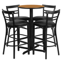 Flash Furniture 24" Round Natural Laminate Table Set with X-Base & 4 Two-Slat Ladder Back Metal Barstools - Black Vinyl Seat-Bar Height Table and Stool Set