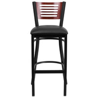 Flash Furniture HERCULES Series Black Slat Back Metal Restaurant Barstool - Mahogany Wood Back, Black Vinyl Seat-Metal Barstool