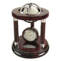 Elegance 8" Galaxy Globe & Clock-The rich high gloss piano finish mahogany stand has silver accents.