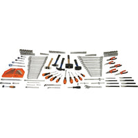 Dynamic Tools 198 Piece Starter Master Set-Contains: Sockets and accessories: 1/4", 3/8", & 1/2" Drive, Regular, 6 point, SAE & metric, Wrenches: SAE & metric combination wrenches, Hammers: mallet, claw, ball pein &soft face, Hex Keys: SAE & Metric, Pliers: linesman, diagonal cutting, long nose, bent nose, slip joint, Punches & Chisels: cold chisels, centre punches, solid punches, pin punches, Screwdrivers: Slotted, Phillips®, Torx®, square recess, Adjustable wrench: 8"