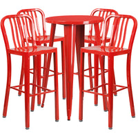 24'' Round Red Metal Indoor-Outdoor Bar Table Set with 4 Vertical Slat Back Barstools [CH-51080BH-4-30VRT-RED-GG]-Metal Cafe Bar Table