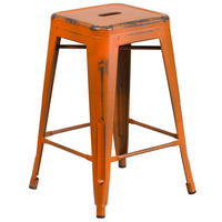 Flash Furniture 24" High Backless Distressed Orange Metal Indoor-Outdoor Counter Height Stool-Stackable Industrial Style Modern Stool