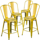 Flash Furniture Commercial Grade 24" High Distressed Metal Indoor-Outdoor Counter Height Stool with Back - Yellow-Curved Back with Vertical Slat