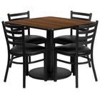 Flash Furniture 36" Square Walnut Laminate Table Set with Round Base & 4 Ladder Back Metal Chairs - Black Vinyl Seat-Table and Chair Set
