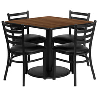 Flash Furniture 36" Square Walnut Laminate Table Set with Round Base & 4 Ladder Back Metal Chairs - Black Vinyl Seat-Table and Chair Set