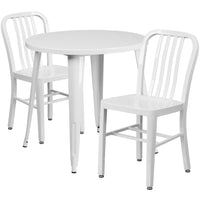 30'' Round White Metal Indoor-Outdoor Table Set with 2 Vertical Slat Back Chairs [CH-51090TH-2-18VRT-WH-GG]-Metal Cafe Table