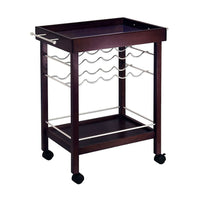 Winsome Bar Cart, Mirror Top, wine rack, Espresso-This wheeled wine cart holds everything necessary for a portable bar.  It can store up to 10 bottles of wine in its upper racks and also has a lower shelf to hold more bottles and glasses. The top shelf is perfect for resting full glasses and plates of appetizers.