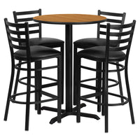 Flash Furniture 30" Round Natural Laminate Table Set with X-Base & 4 Ladder Back Metal Barstools - Black Vinyl Seat-Bar Height Table and Stool Set