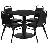 Flash Furniture, 36'' Square Black Laminate Table Set with Round Base and 4 Black Trapezoidal Back Banquet Chairs-Black Powder Coated Chair and Table Frame