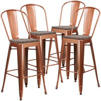 Flash Furniture 30" High Copper Metal Barstool with Back & Wood Seat-Set of 4 Bistro Style Bar Stools
