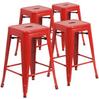 Flash Furniture Commercial Grade 24" High Backless Red Metal Indoor-Outdoor Counter Height Stool with Square Seat-Set of 4 Stackable Industrial Style Modern Stools