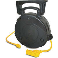 Lind Equipment Industrial Cord Reels - 40' - 12/3 Gauge - 15 A-A release tab on the mounting bracket quickly and easily converts the reel from stationary to portable use
