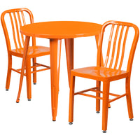 Flash Furniture Commercial Grade 30" Round Orange Metal Indoor-Outdoor Table Set with 2 Vertical Slat Back Chairs-Table and Chair Set