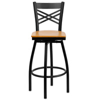 Flash Furniture HERCULES Series Black "X" Back Swivel Metal Barstool - Natural Wood Seat-Metal Barstool