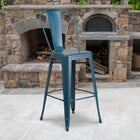 Flash Furniture 30"H Distressed Antique Blue Metal Indoor-Outdoor Barstool with Back-Cross Brace under seat provides extra stability