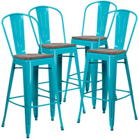 Flash Furniture 30" High Crystal Teal-Blue Metal Barstool with Back & Wood Seat-Set of 4 Bistro Style Bar Stools