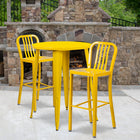 30'' Round Yellow Metal Indoor-Outdoor Bar Table Set with 2 Vertical Slat Back Barstools [CH-51090BH-2-30VRT-YL-GG]-30"W x 30"D x 41"H