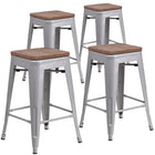 Flash Furniture 24" High Backless Silver Metal Counter Height Stool with Square Wood Seat-Set of 4 Stackable Industrial Style Modern Stools