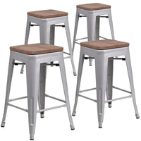 Flash Furniture 24" High Backless Silver Metal Counter Height Stool with Square Wood Seat-Set of 4 Stackable Industrial Style Modern Stools