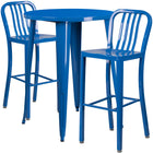 30'' Round Blue Metal Indoor-Outdoor Bar Table Set with 2 Vertical Slat Back Barstools [CH-51090BH-2-30VRT-BL-GG]-Metal Cafe Bar Table