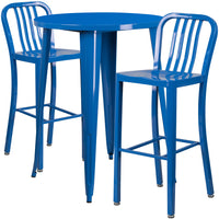 30'' Round Blue Metal Indoor-Outdoor Bar Table Set with 2 Vertical Slat Back Barstools [CH-51090BH-2-30VRT-BL-GG]-Metal Cafe Bar Table
