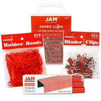 JAM Paper Desk Supply Assortment Pack, Red, 1 Rubber Bands 1 Binder Clips 1 Coloured Staples 1 Regular Paperclips (3345REASRTD)-Assortment of Four Different Red Desk Supplies