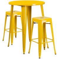 30'' Round Yellow Metal Indoor-Outdoor Bar Table Set with 2 Square Seat Backless Barstools (CH-51090BH-2-30SQST-YL-GG)-Indoor Outdoor Sets
