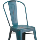 Flash Furniture 24" High Distressed Kelly Blue-Teal Metal Indoor-Outdoor Counter Height Stool with Back-Distressed Kelly Blue-Teal Powder Coat Finish