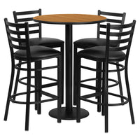 Flash Furniture 30" Round Natural Laminate Table Set with Round Base & 4 Ladder Back Metal Barstools - Black Vinyl Seat-Bar Height Table and Stool Set