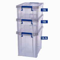 Bankers Box Plastic Storage Box Bonus Pack (2 x 10L + 1 x 18.5L)-Maximize your floor space, strong enough to stack thanks to the double reinforced base and corners