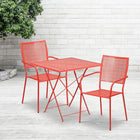 28'' Square Coral Indoor-Outdoor Steel Folding Patio Table Set with 2 Square Back Chairs [CO-28SQF-02CHR2-RED-GG]-Set Includes Folding Table and 2 Chairs