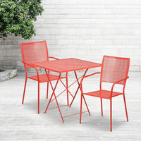 28'' Square Coral Indoor-Outdoor Steel Folding Patio Table Set with 2 Square Back Chairs [CO-28SQF-02CHR2-RED-GG]-Set Includes Folding Table and 2 Chairs