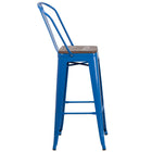 Flash Furniture 30" High Metal Barstool with Back & Wood Seat - Blue-Textured Walnut Elm Wood Seat