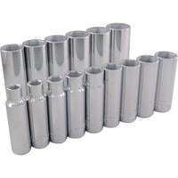 Gray Tools 15 Piece 1/2" Drive 6 Point SAE, Deep Chrome Socket Set, 3/8"-1-1/4"-Contains Sizes: 3/8", 7/16", 1/2", 9/16", 5/8", 11/16", 3/4", 13/16", 7/8", 15/16", 1, 1 1/16", 1 1/8", 1 3/16", 1 1/4".