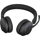 Jabra Evolve2 65, Link 380a, Stereo MS Headset with Stand - Black-Material: Headband cushion ultra soft foam covered in color-matched silicone, ear cushion soft audio foam covered in color-matched leatherette, aluminium slider arm