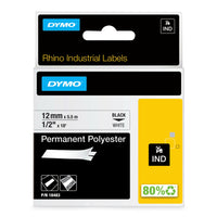 DYMO Rhino Label Tape, 12mm (1/2") Black on White Poly-Rhino split-back labels