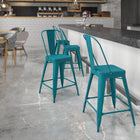 Flash Furniture 24" High Distressed Kelly Blue-Teal Metal Indoor-Outdoor Counter Height Stool with Back-Cross Brace under seat provides extra stability