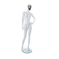 Can-Bramar Adult Female Abstract Mannequin - Glass Base - Glossy White Body/ Silver Face (RPFF-2)-Straight Arms for Easy Dressing