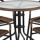 Flash Furniture 28" Round Glass Metal Table with Dark Brown Rattan Edging & 4 Dark Brown Rattan Stack Chairs-Designed for Indoor and Outdoor Use