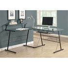 Monarch Specialties 7172 Computer Desk - Black Metal Corner With Tempered Glass-1 fixed, raised storage shelf on the left side to place essentials within reach, a sliding keyboard tray on the right, and an easy to clean top for working on your laptop, desktop, for study or writing space.