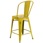 Flash Furniture 24" High Distressed Metal Indoor-Outdoor Counter Height Stool with Back - Yellow-Drain Holes in Seat