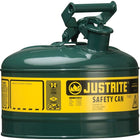 Justrite Type I Safety Cans without Funnel, 2.5 Gal, 11 3/4" x 11 1/2", Green-Compliant Type I Safety Cans are designed with a single spout for filling and pouring of all types of flammable liquids