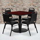 Flash Furniture 36'' Square Mahogany Laminate Table Set with Round Base and 4 Black Trapezoidal Back Banquet Chairs-Set Includes 4 Banquet Chairs, Square Table Top and Round Base