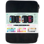 Tombow 54 Zipp Marker Case - Black-Marker Case: Black 
Markers: Chartreuse, Dark Olive, Willow Green, Dark Jade, Mint, Green, True Blue, Process Blue, Turquoise, Reflex Blue, Navy Blue, Mist Purple, Ultramarine, Lilac, Perwinkle, Violet, Imperial Purple, Purple, Peach, Yellow Gold, Process Yellow, Pale Yellow, Pink, Rhodamine Red, Hot Pink, Rubine Red, Carnation, Dusty Rose, Pale Pink, Light Apricot, Wine Red, Port Red, Warm Red, Orange, Light Ochre, Chrome Orange, Pale Cherry, Cappucino, Burnt Sienna, Sadd