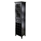 Winsome Burgundy Wine Cabinet 15-Bottle, Glass Door, Black-Handsome and elegant Burgundy Wine Tower is compact and perfect to store your wine and accessories.  Overall assembled size is 66.85" H. x 18.11" W. x 12.99" D. Top Cabinet with clear glass door opens to 3 fixed shelves with 13.54" W. x 10.94" D. for wine glass storage.  One drawer with inside dimension of 6.10" H. x 12.36" W. x 9.06" D.  Bottom section holds up to 15 wine bottles.  Made with solid and composite wood in Black Finish.  Assembly Requi